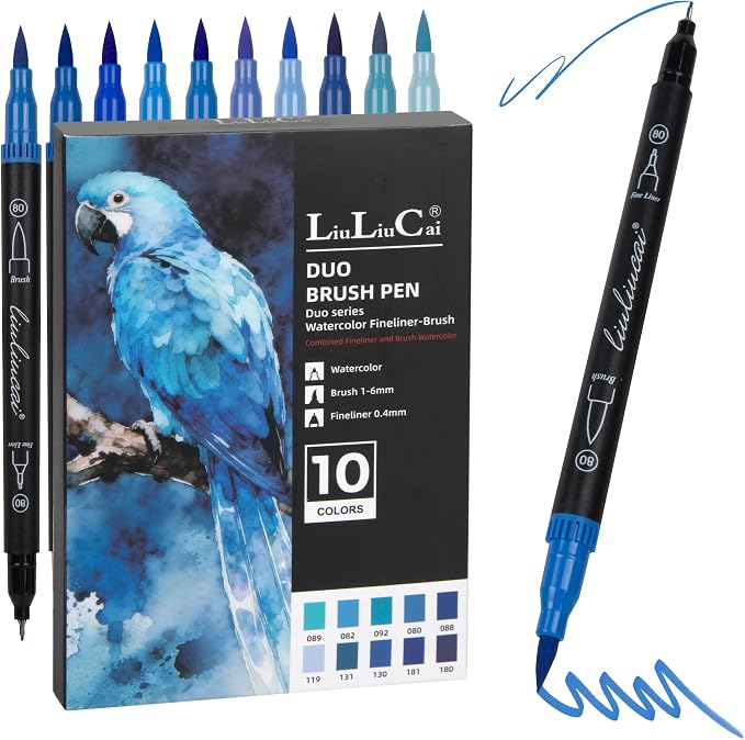 LIULIUCAI 10 Blue Dual Markers, Fine & Brush Tip Pen for Adult Coloring | Ocean Blue Markers, Coloring Pens for Sky Sea, Water Effects, Calming Art, Outlining Journaling Calligraphy Illustration