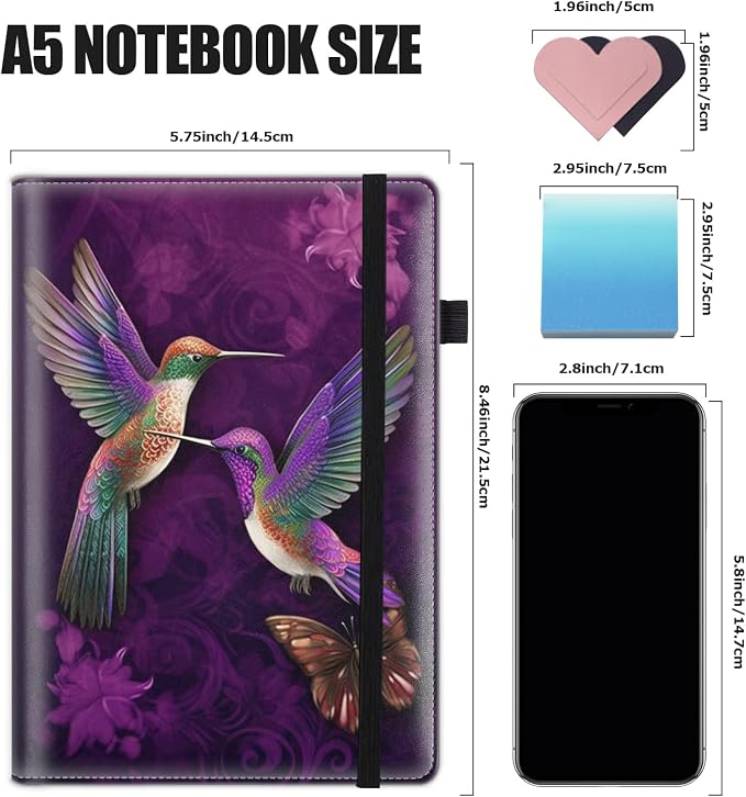 Hardcover Executive Notebooks, A5 PU Leather Lined Journal Notebook, 200 Pages Thick Paper Subject Notebooks for School,Work,Home Writing Business Notebook, Diary Book ，Hummingbird in Flowers