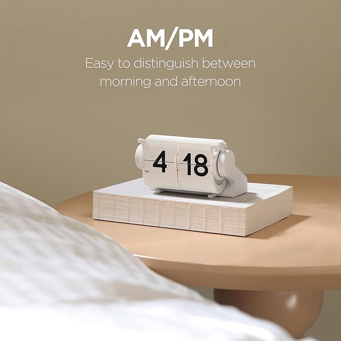 mooas Automatic Mini Flip Clock, Rechargeable, Timer/Alarm/Calendar (White) | Retro Vintage Design, Automatic Flip Desk Clock, USB-C Charging, Interior Objet for Home Office Living Room Hotel Café