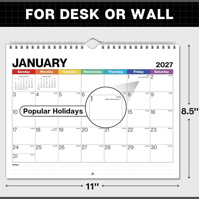 Dunwell Wall Calendar 2026-2027, 8.5" x 11", 18 Months Jul. 2026 to Dec. 2027, Durable Twin Wire Binding, Thick Paper, Small Desk Calendar Planner For Home, Office, School, Simple Design, Easy Read
