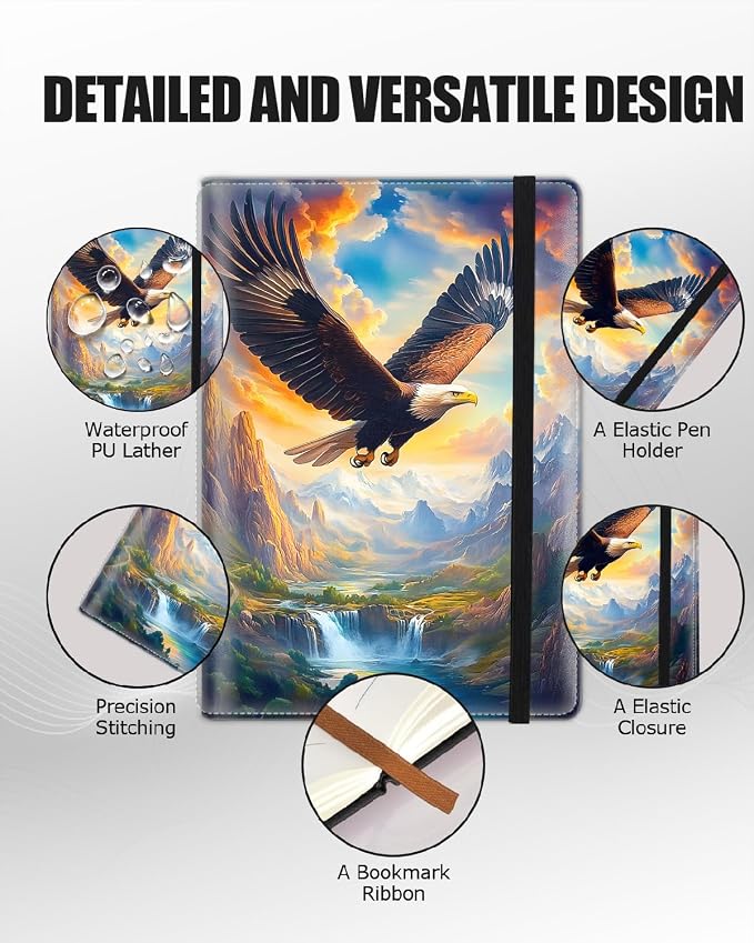 Hardcover Executive Notebooks, A5 PU Leather Lined Journal Notebook, 200 Pages Thick Paper Subject Notebooks for School,Work,Home Writing Business Notebook, Diary Book, Bald Eagle