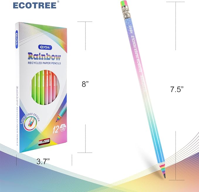 ECOTREE Pre-sharpened Pencils #2 Eco Rainbow Paper Pencil Cute Pencil for Kids Number 2 Pencils with Erasers for School, Writing, 24 Count
