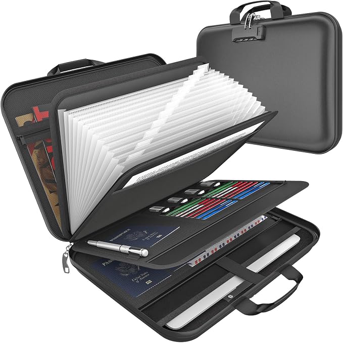 onvvippiv Hard Case Fireproof Document Box with Lock Zipper | Important File Organizer Waterproof Portable Home Office Travel Storage Accordion Folder for Letter A4 Laptop Files