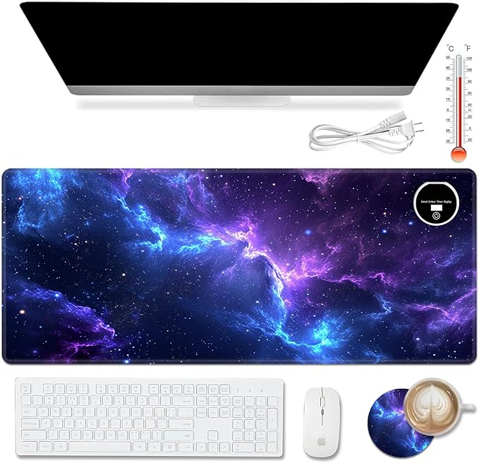 Warm Desk Pad,Heated Desk Pad,Office Mat,3 Heating Levels & 3 Hours Auto Shut-Off,31.5"*13" Gaming Mouse Laptop Keyboard Leather Desk Mat,Blue Purple Glitter Sky