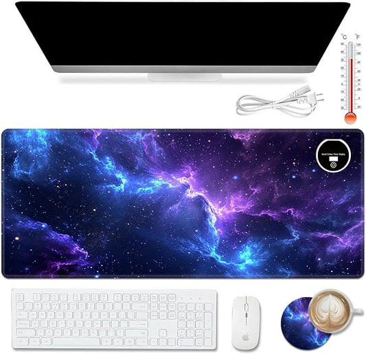 Warm Desk Pad,Heated Desk Pad,Office Mat,3 Heating Levels & 3 Hours Auto Shut-Off,31.5"*13" Gaming Mouse Laptop Keyboard Leather Desk Mat,Blue Purple Glitter Sky