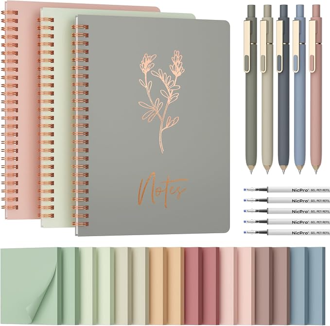 Nicpro Cute Spiral Notebook Stationary Set For Women, Bible Journal Set, 3PCS A5 Spiral Notebook, 5 Gel Pens, 5 Refills, 800 Sticky Notes, Gift Box, Aesthetic Gift Set for Study Office School Supplies