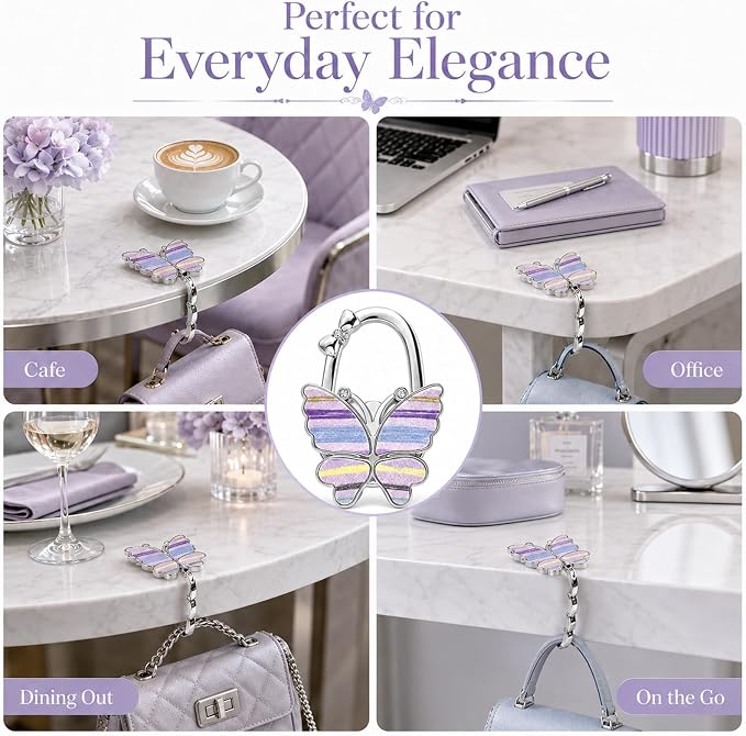 Purse Hook for Table, Foldable Handbag Hanger for Women, Portable Bag Holder with Non-Slip Base, Cute Stripes Purple Butterfly Purse Table Hook for Restaurant Office Travel Gift