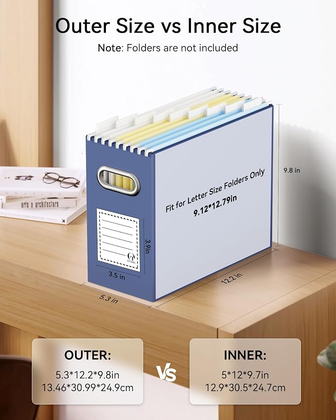 Oterri File Organizer Box, Portable Collapsible Cardboard File Folder Organizer with Handle for Letter Size Hanging Files, Document Storage Box for Home Office & Classroom (2 Packs, Navy)