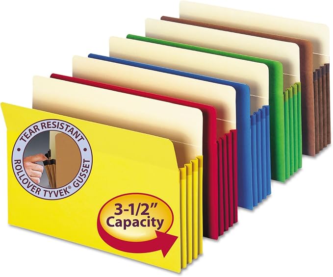 Smead File Pocket, Straight-Cut Tab, 3-1/2" Expansion, Letter Size, Assorted Colors, 5 per Pack (73892)
