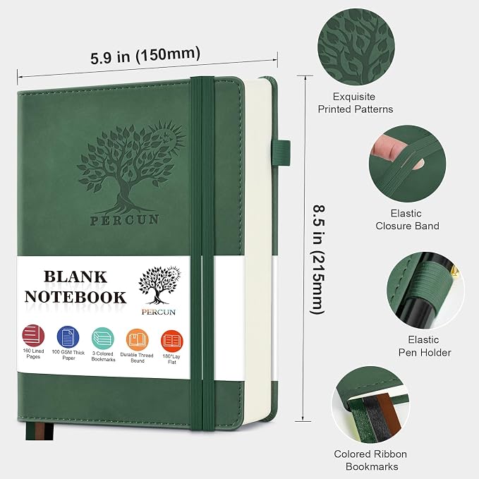 PERCUN Blank Journal Notebook, A5 Hardcover Sketchbook, 140 Pages 5.9"×8.5" | Leather Unlined Notebook for Drawing & Writing, Travel Diary, Art Journal for Men Women, School & Work