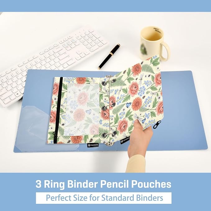 Gredecor 3 Ring Binder Pencil Pouch, Vintage Botanical Floral Zippered Pen Case Pouches with Clear Window, 2 Pack Stylish Office & School Supplie