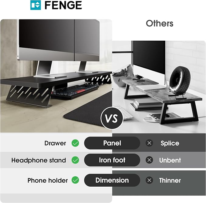 Fenge Monitor Stand Riser, Wooden & Metal Desk Shelf Organizer, Black | 42.5 Inch Dual Monitor Riser for 2 Monitors, Multifunctional Monitor Shelf for Laptop, PC, Printer