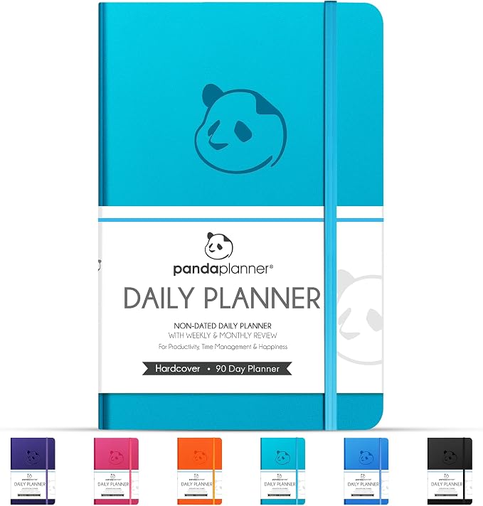 Panda Planner Classic A5 Undated Daily Planner 2026, 8.25 x 5.75 Cyan Blue | Hourly schedule, to do list, habit tracker, gratitude journal, quarterly layout, 100 GSM paper