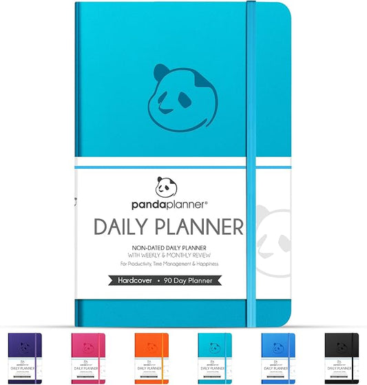 Panda Planner Classic A5 Undated Daily Planner 2026, 8.25 x 5.75 Cyan Blue | Hourly schedule, to do list, habit tracker, gratitude journal, quarterly layout, 100 GSM paper