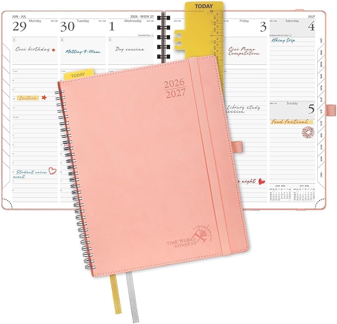 POPRUN Planner 2026-2027 (Large - 8.5'' x 10.5'') Academic Weekly Planner | Calendar(July 2026 - June 2027) Appointment Book with Hourly Time Slots, Monthly Tabs, 100GSM, Spiral Leather Cover - Pink