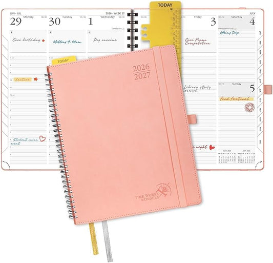 POPRUN Planner 2026-2027 (Large - 8.5'' x 10.5'') Academic Weekly Planner | Calendar(July 2026 - June 2027) Appointment Book with Hourly Time Slots, Monthly Tabs, 100GSM, Spiral Leather Cover - Pink