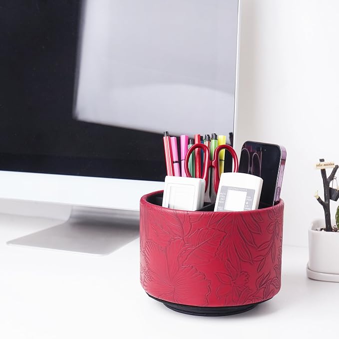 Round Leather Art Supply Organizer,Remote Control Holder,360 Degree Spinning,Multi-Functional Pencil Holder,4 Compartments Desktop Stationary Organizer(1-Carved Red)