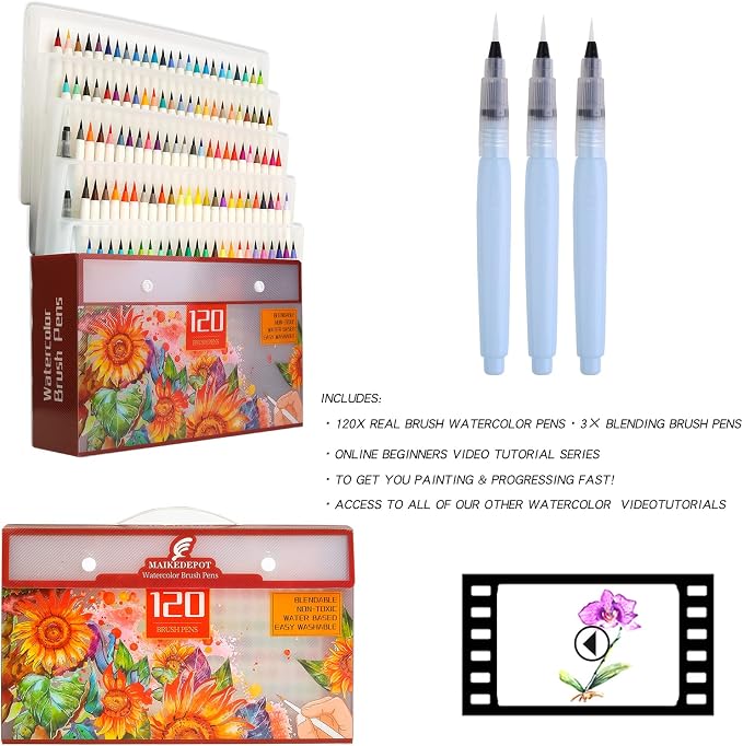 72 Pack Watercolor Markers, Dual Tip Water Brush Pens with 3 Free Water Blending Brushes, Water Based Art Markers for Adult Coloring, Calligraphy, Sketching, Bullet Journaling Drawing