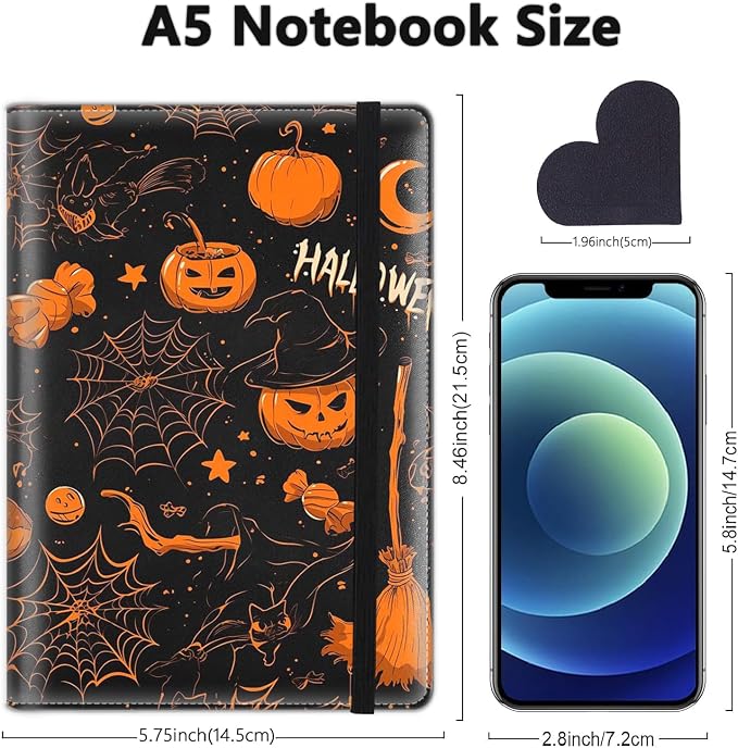 A5 Leather Lined Journal Notebook, 200 Pages Hardcover Executive Notebook for Men Women Office School Note Taking, Thick Writing Paper Daily Journal with Bookmarks/Indexes, Halloween Pumpkin