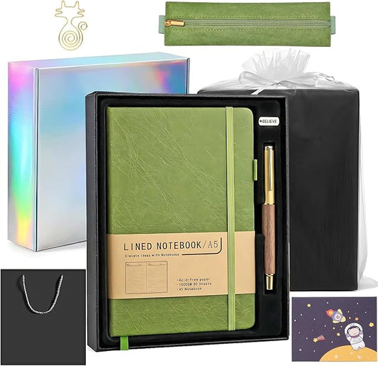 atokiss Green A5 Lined Notebook Gift Set with Walnut Wood Pen | Waterproof Crinkle Paper Journal with Pencil Pouch, 100GSM Acid-Free 160P, Great Value Gift Set for Personal & Gift Use