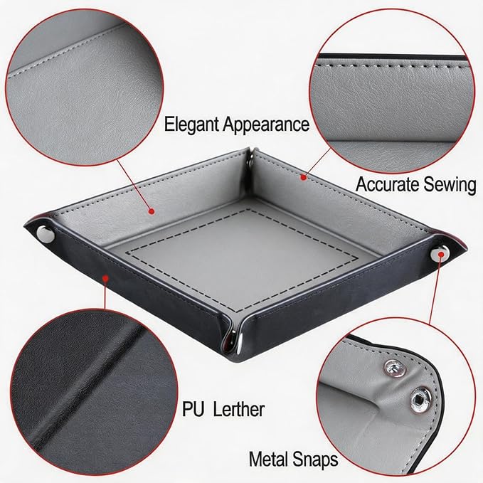 Valet Tray Desktop Storage Organizer - Vegan Leather Catchall Tray Bedside Vanity Tray Nightstand Caddy Holder for Remote Controller, Watch, Keys, Phone, Wallet, Coin, Jewelry - Gray