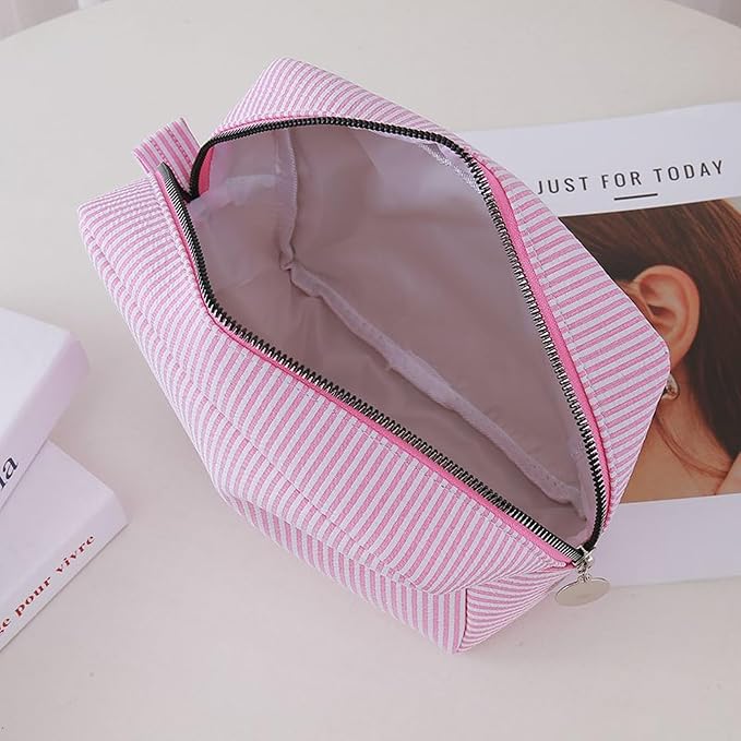 Large Capacity Striped Pencil Case Cosmetic Bag with Zipper Portable Stationery Organizer Pouch for School Students Teens Travel Toiletry Bag (Purple)
