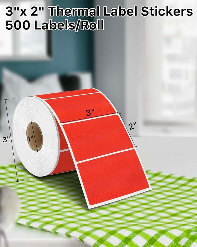 iEager 3" x 2" Thermal Labels, Durable Thermal Printer Stickers, Red | Self-Adhesive Rectangle Label with Perforation Line, 500 Labels/Roll