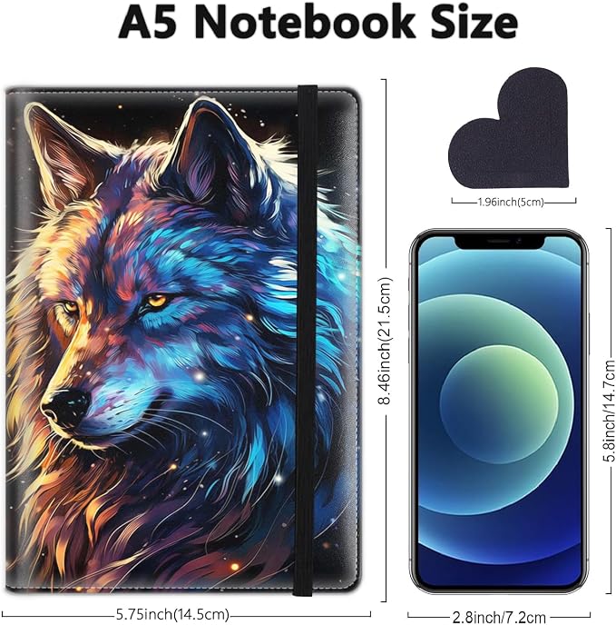 A5 Leather Lined Journal Notebook, 200 Pages Hardcover Executive Notebook for Men Women Office School Note Taking, Thick Writing Paper Daily Journal with Bookmarks/Indexes, Wolf