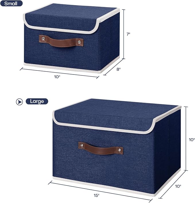 ANMINY Storage Bin with Lid Storage Boxes with PU Leather Handles PP Plastic Board Decorative Foldable Lidded Cotton Linen Fabric Home Cubes Baskets Closet Organizer Container - Blue, Large Size
