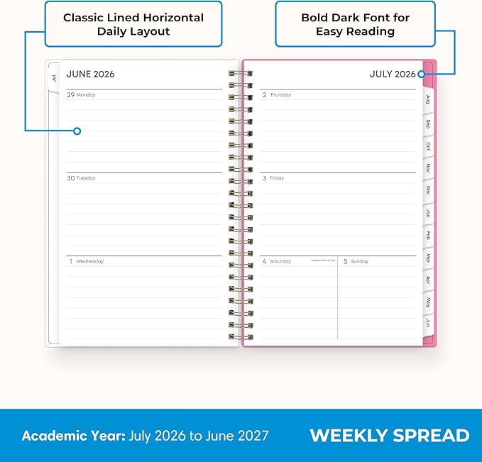 Blue Sky 2026-2027 Weekly & Monthly Academic Planner, 5"x8", Roosevelt Pink | July 2026 - June 2027, Flexible Cover, Wirebound, Laminated Tabs, Academic Year