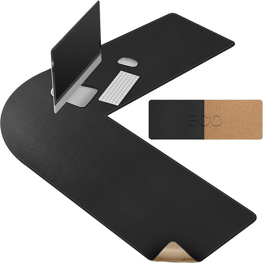 MAIDERN (47” + 47”) x 15.7” L Shaped Corner Desk Mat, Cork & Leather Reversible Desk Pad for Gaming Computer Office Home (Black)