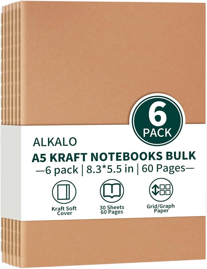 ALKALO 6 Pack A5 Grid Kraft Notebooks Bulk, Journaling Notebooks, A5 Graph Paper Notebook, 8.3x5.5 Inches 60 Pages Travel Journal Notebooks Set for Work, School, Writing