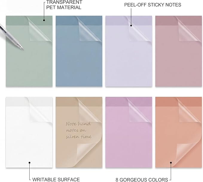 Yinder 4 x 6 Inch Transparent Sticky Notes Translucent Sticky Notes 240 Sheets Waterproof Clear Self Memo Pad See Through Back to School Bible Journaling Accessories Office School Supply(Aesthetic)