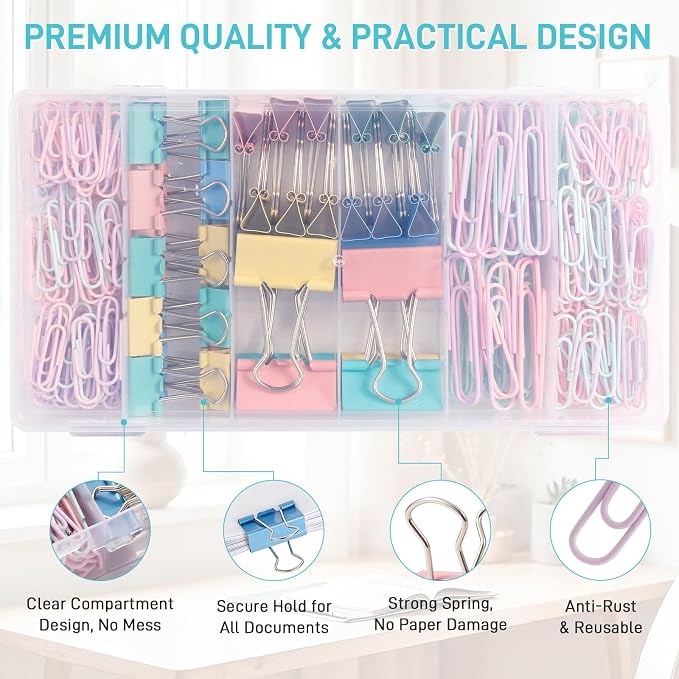 310PCS Colored Paper Clips and Binder Clips Set, Assorted Sizes Binder Clips with Paper Clips Large Medium Small, Office Supplies Stationery Kit for Home School Classroom Organization