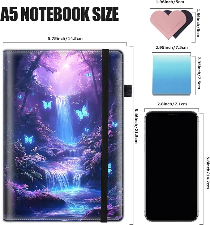 Hardcover Executive Notebooks, A5 PU Leather Lined Journal Notebook, 200 Pages Thick Paper Subject Notebooks for School,Work,Home Writing Business Notebook,Forest Waterfall and Butterfly