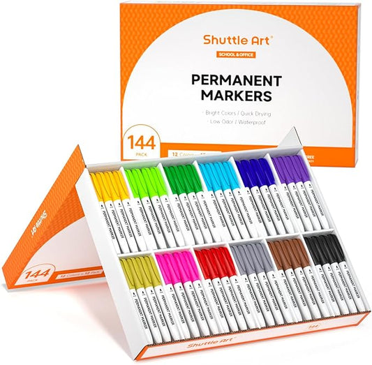 Shuttle Art 144 Pack Permanent Markers, Permanent Marker Assorted Colors, 12 Bright Colors Fine Point Permanent Markers For Students and Adult Coloring on Wood, Stone, Glass as Office, School Supplies