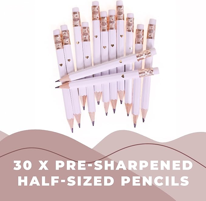 Heart Pencils for Baby Shower Games and Bridal Shower Games, Mini Pencils, Small Pencil Set For Game Prizes, Bridal Pens (White / Gold)
