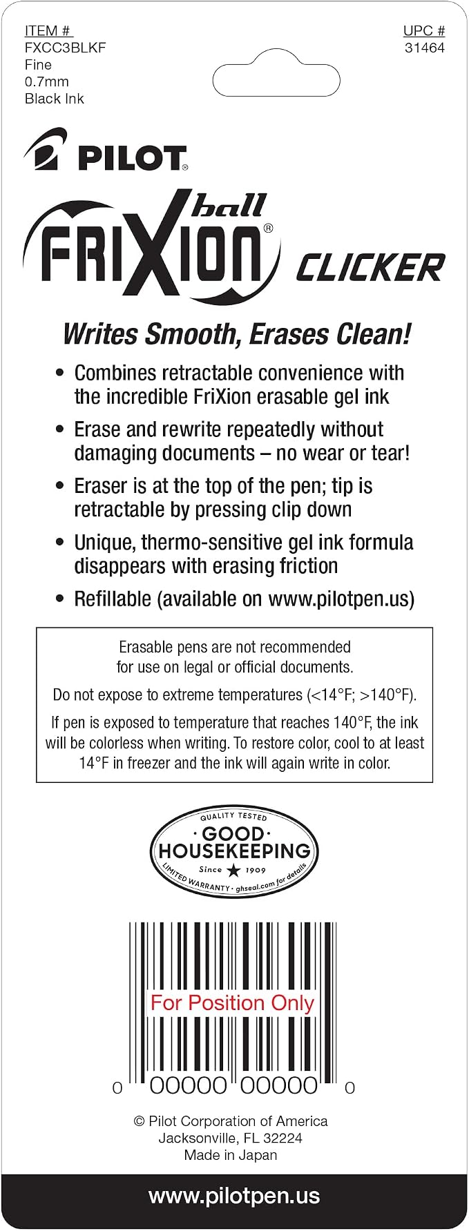 PILOT FriXion Clicker Erasable Pens, Refillable & Retractable Gel Ink Pens, Fine Point 0.7 mm, Black Ink, 3-Pack - Ideal for School, Journaling, & Office Writing