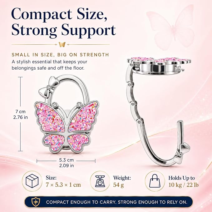 Purse Hook for Table, Foldable Handbag Hanger for Women, Portable Bag Holder with Non-Slip Base, Cute Sequin Colorful Butterfly Purse Table Hook for Restaurant Office Travel Gift