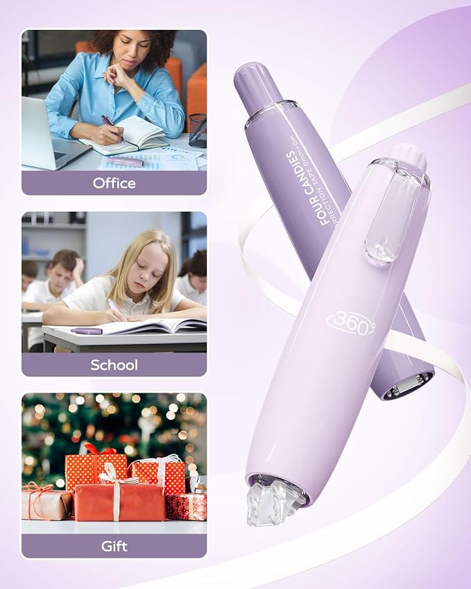 Four Candies Refillable Correction Tape, 4PCS White Tape with 4 Refills | Smooth White Pull-Out Tape for Instant Corrections, Easy to Use Applicator for Office, School Supplies (Purple)