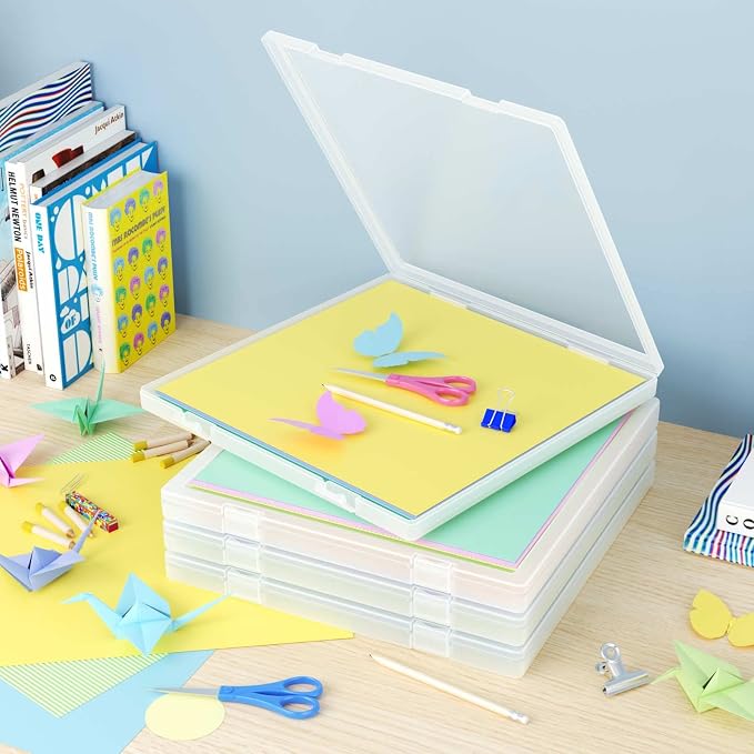 Denkee 12 x 12 Paper Storage, 4 Pack Scrapbook Paper Organizer Storage, Craft Organizers Box, Portable Storage Containers for Board Game, Craft, Art Supplies