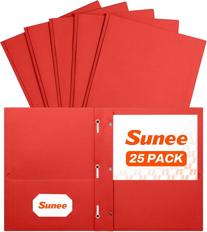 SUNEE 2 Pocket Folders with Prongs (25 Pack, Red), Paper Folders with 2 Pockets and 3 Prongs Fit Letter Size Paper, Folders with Prongs for School Office Home Business