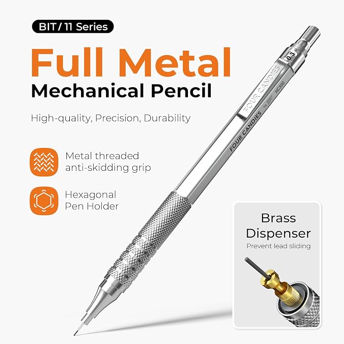 Four Candies Metal Mechanical Pencil Set, 4PCS 0.3, 0.5, 0.7, 0.9MM Mechanical Pencils & 2MM Drawing Pencil with 9 Tubes Lead Refills (4B 2B HB 2H Color) for Student Writing Artist Sketching - Silver
