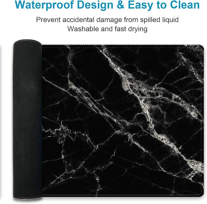 XXL Waterproof Office Desk Pad Protector 35.4x15.7 Inch - Extended Gaming Mouse Pad with Non-Slip Rubber Base, Thickened Keyboard Mat, Stitched Edges & Black White Marble Design