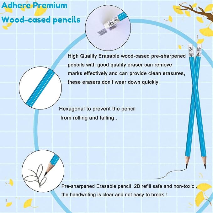 Adhere 25pcs Woodcase Pencils with Eraser Premium Pre-Sharpened Hexagon Graphite 2B pencils ideal for home, office writing including a Free Sharpener