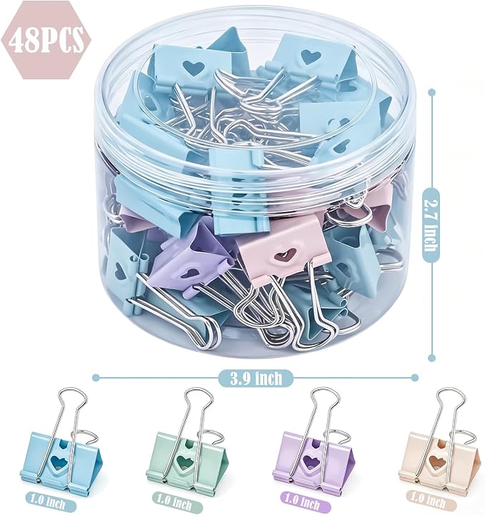 BAYTORY 48Pcs Pastel Binder Clips, 1 Inch (25 mm) Medium Binder Clips | with Clear Storage Container, Paper Clamps for School Teachers Office Supplies (25mm)