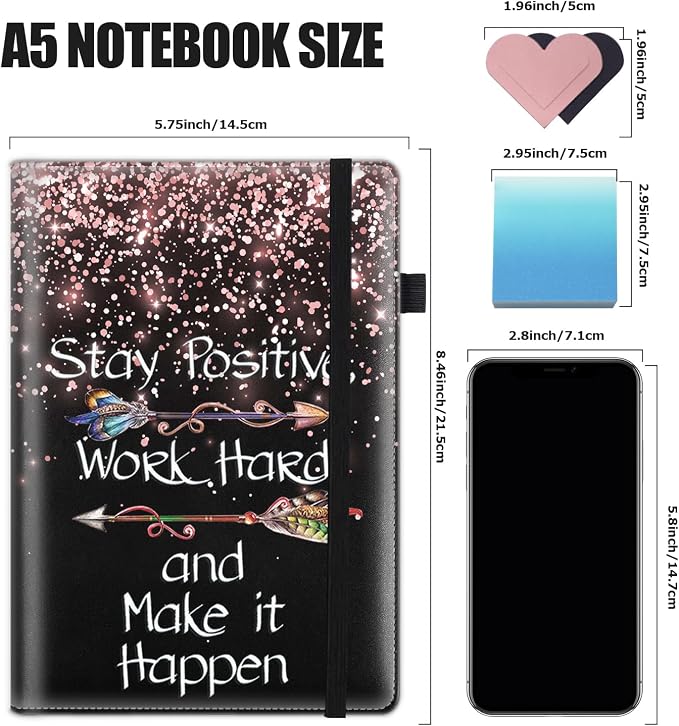 Hardcover Executive Notebooks, A5 PU Leather Lined Journal Notebook, 200 Pages Thick Paper Subject Notebooks for School,Work,Home Writing Business Notebook, Black Rose Gold Positive Work Hard