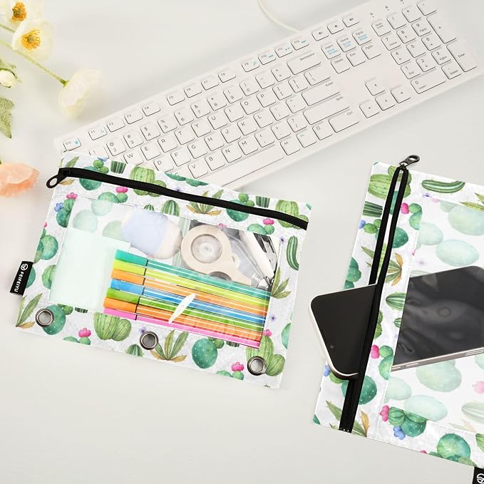 ALAZA Pencil Pouch for 3 Ring Binder, Watercolor Cactus Cacti Binder Pencil Pouches with Clear Window Zipper Pencil Case Cosmetic Bags for Office College Supplies, 2PCS