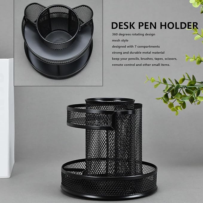 HERCHR 360 Rotating Desk Pen Holder Organizer, Black Mesh Metal Rotating Pencil Holder with 7 Compartments, Office Desk Organizer for Pencils Scissors Art Supplies, 6.1x6.5x3.1in