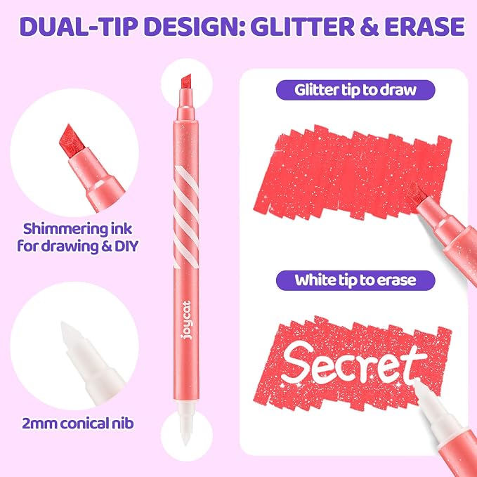 JoyCat 10-Color Erasable Glitter Markers for Kids, Dual Tip Sparkle Pens | Fun pens for kids use glitter color and white eraser tips to correct details, create highlights and reveal secret messages.